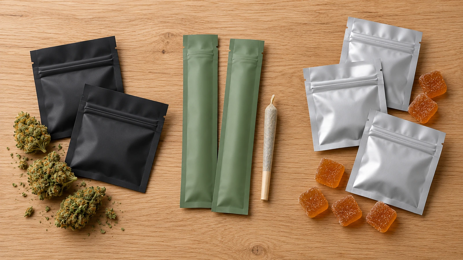제품 라인별로 분류한 무광 납작형 Mylar 파우치 세 그룹: 플라워 샘플, 프리롤 한 개, 개별 용량 구미