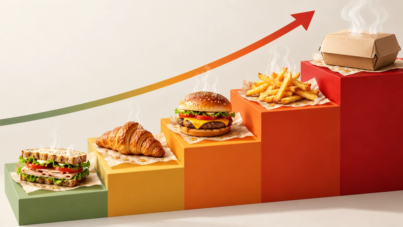 크루아상과 샌드위치에서 감자튀김과 밀폐 배달 상자까지 올라가는 테이크아웃 음식의 계단 일러스트. 계단마다 기름방울과 열기가 늘어 기름 차단 요구 수준이 높아짐을 보여 줌