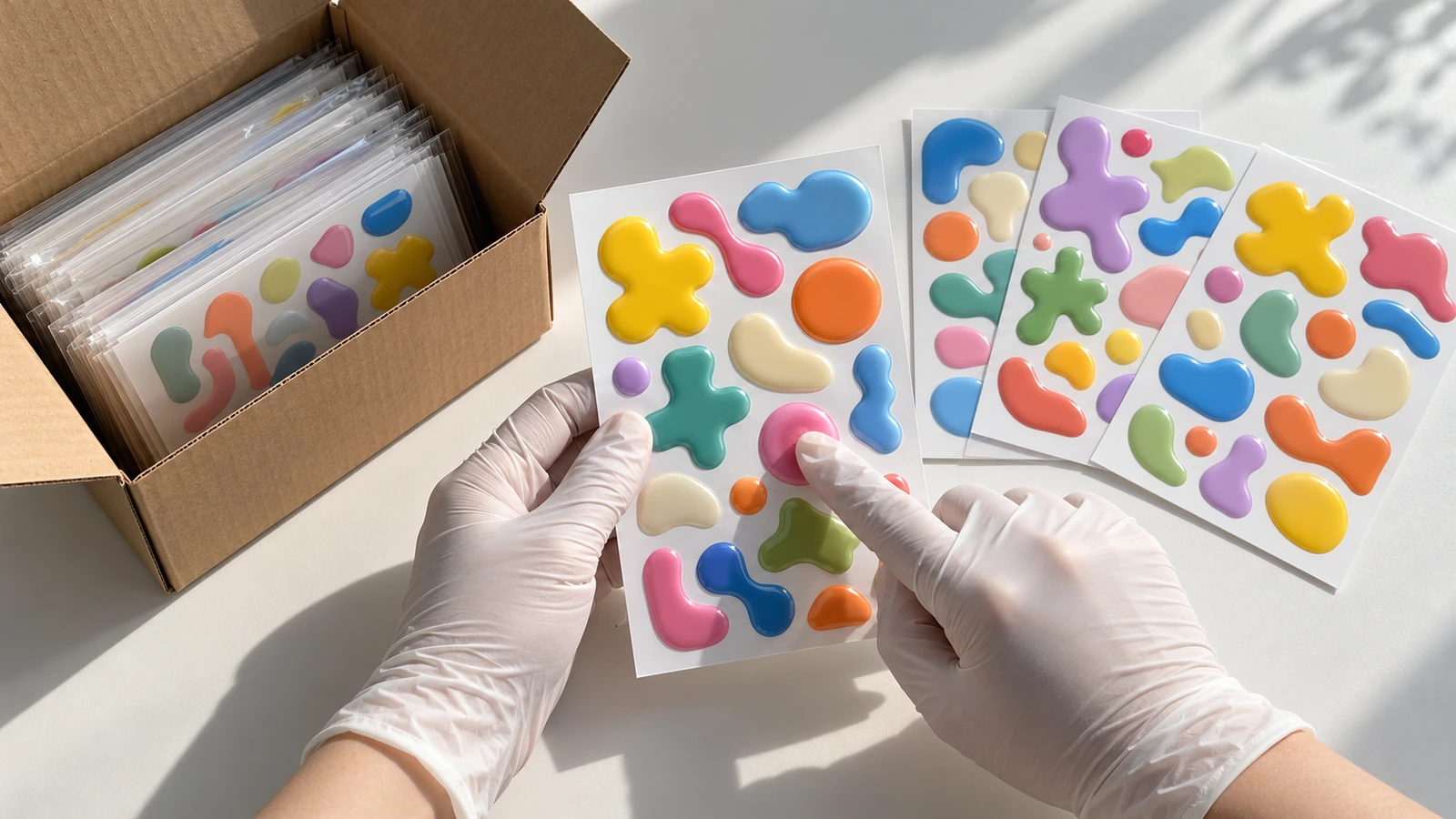 입고 검수 중 폼 회복력을 확인하기 위해, 개봉한 배송 박스 옆의 시트에서 퍼피 스티커의 돔을 누르는 손