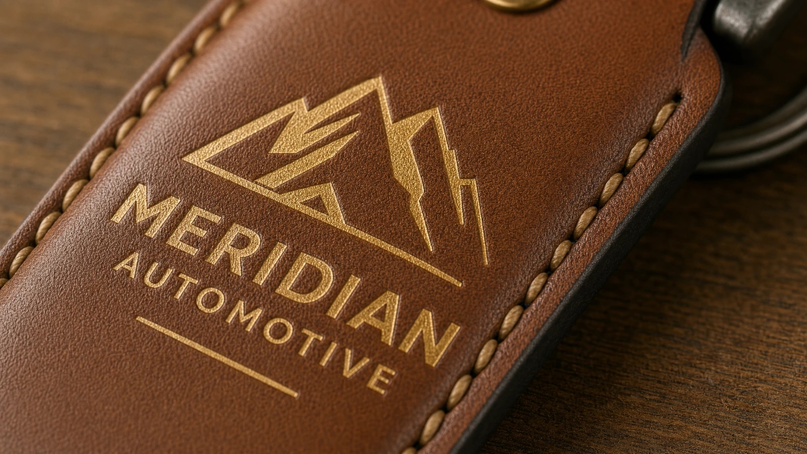 금색 산 모양 엠블럼과 ‘Meridian Automotive’ 문구가 새겨진 갈색 스티치 키 포브의 클로즈업