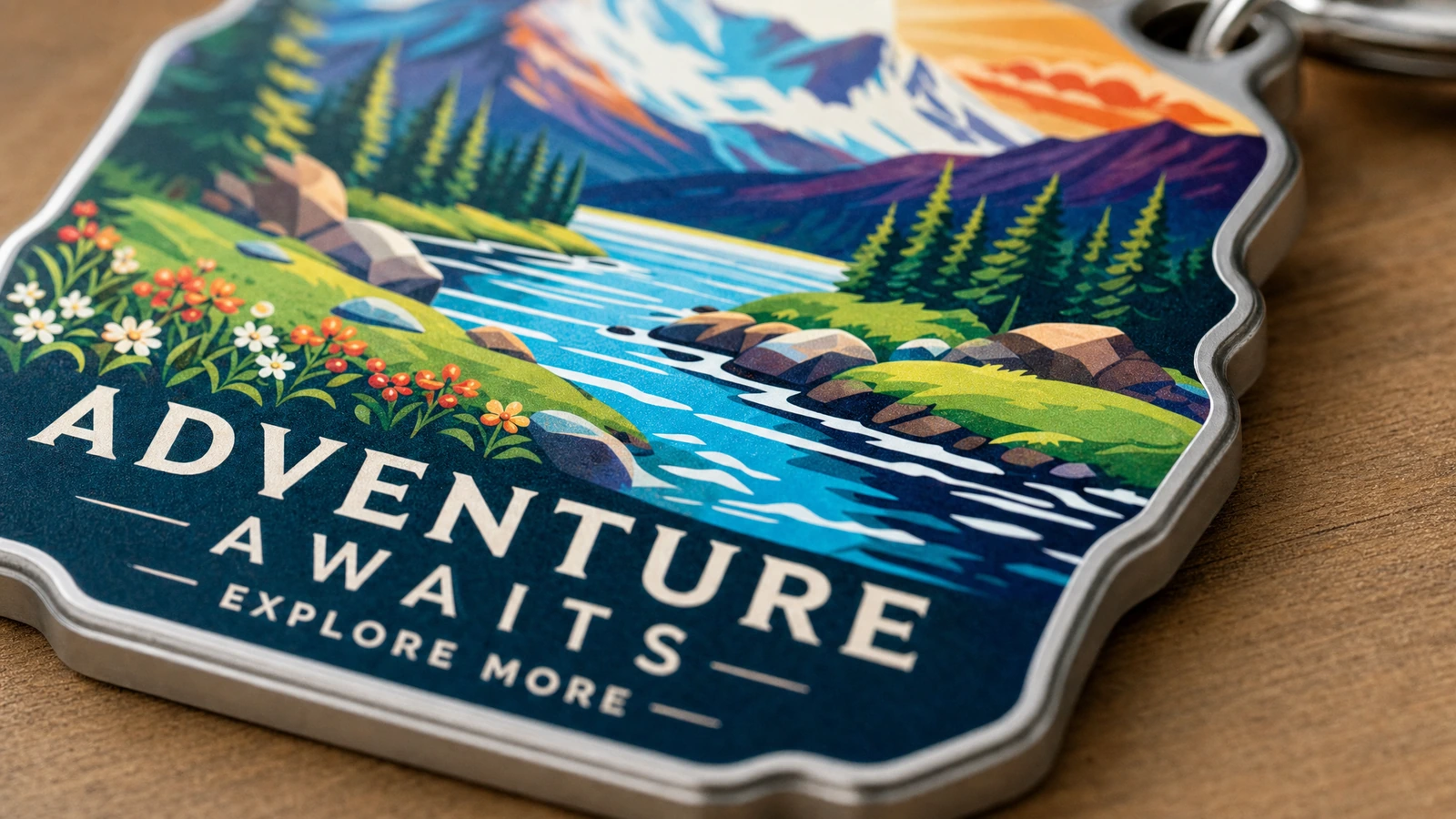 산, 강, “Adventure Awaits” 문구가 보이는 형태 있는 풍경 키링의 클로즈업