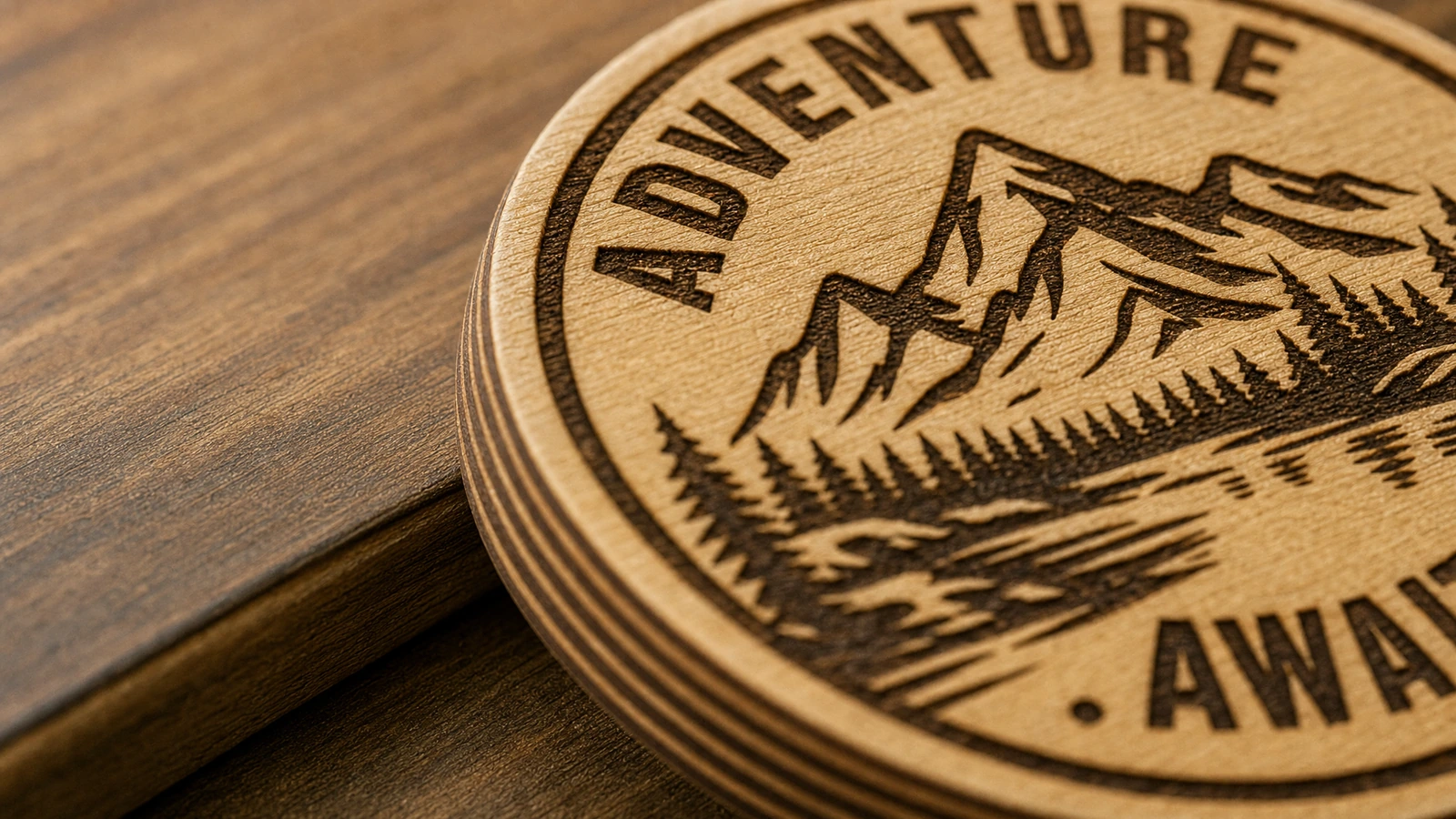 층이 있는 나무 원반 위의 산 각인과 'Adventure Awaits' 문자의 클로즈업