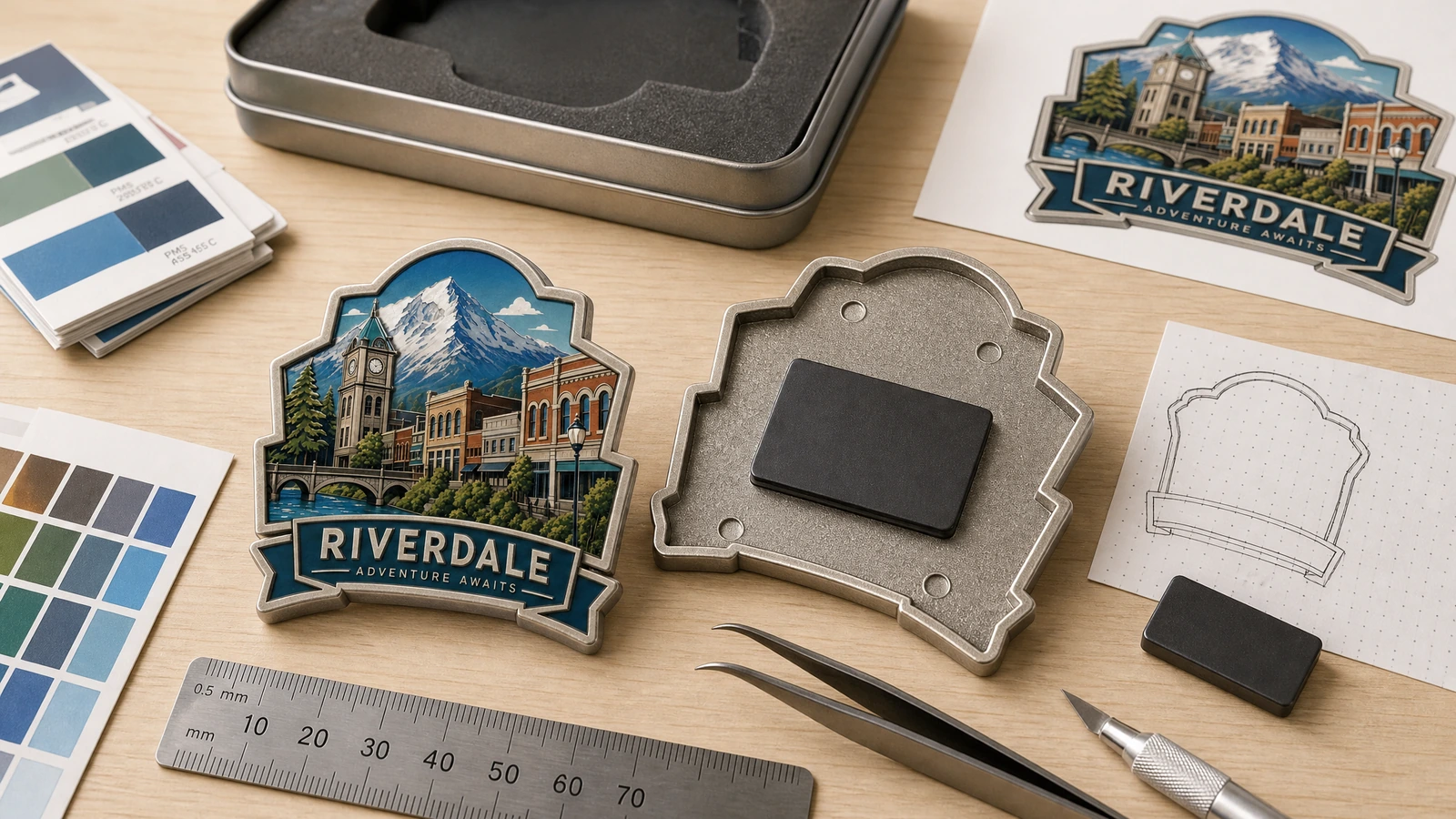 자 옆에 놓인 Riverdale 기념품 자석 예시: 뒷면 부품, 아트워크, 색상 견본