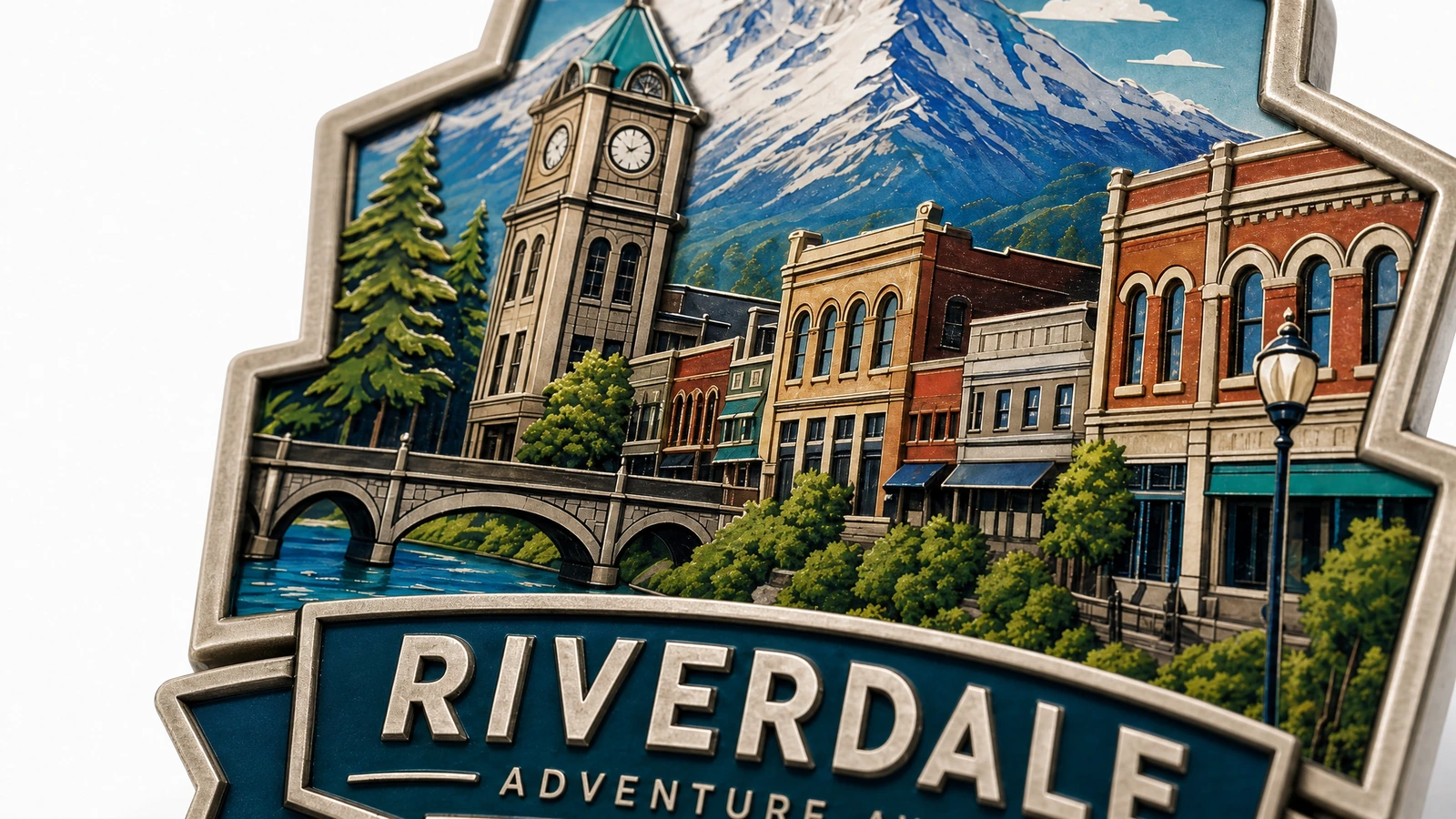자석 면의 건물, 산 아트워크, Riverdale 글자를 클로즈업한 예시
