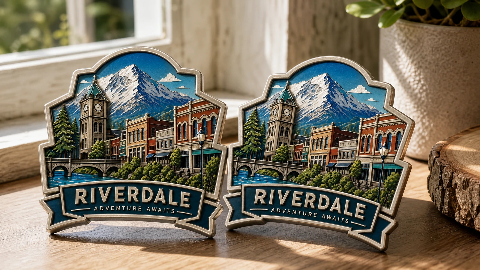 나무 창턱 위에 놓인 Riverdale 기념품 자석 한 쌍의 예시