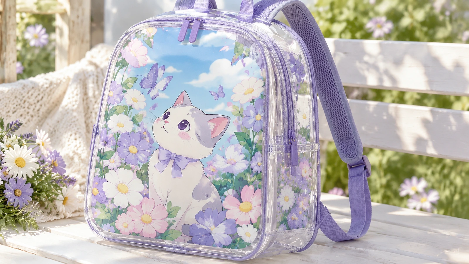 야외 벤치 위에 놓인, 꽃무늬 새끼 고양이 아트워크가 있는 보라색 트림 투명 백팩