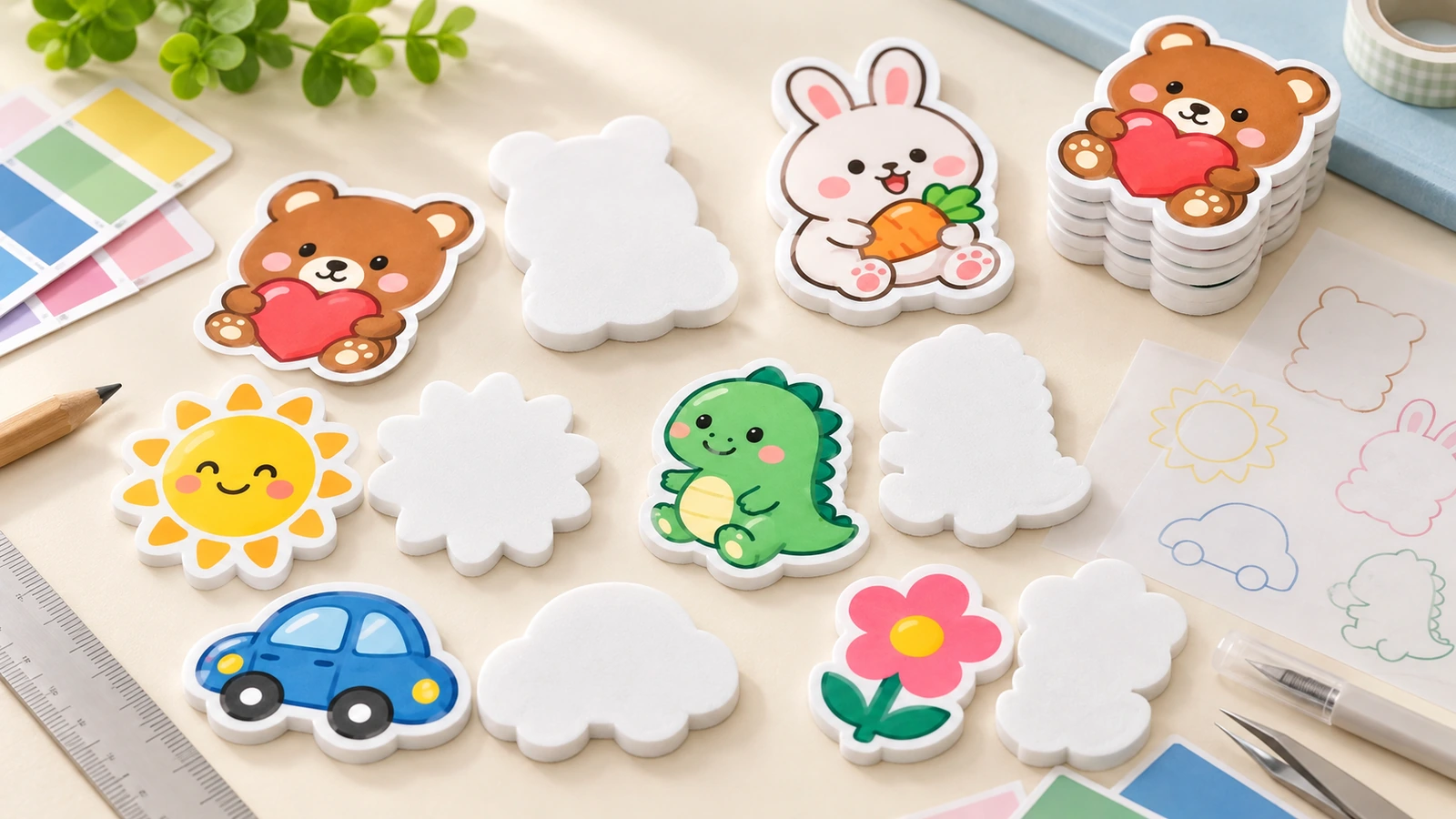 곰, 토끼, 공룡, 태양, 자동차, 꽃 모양의 컬러 폼 스티커와 그 옆의 인쇄 없는 빈 재단 모양 및 공예 도구