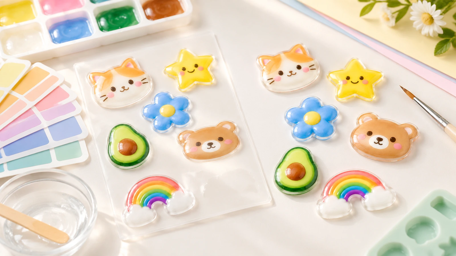 페인트 용품 옆에 있는 고양이, 별, 꽃, 곰, 아보카도, 무지개 디자인의 광택 돔 스티커 시트