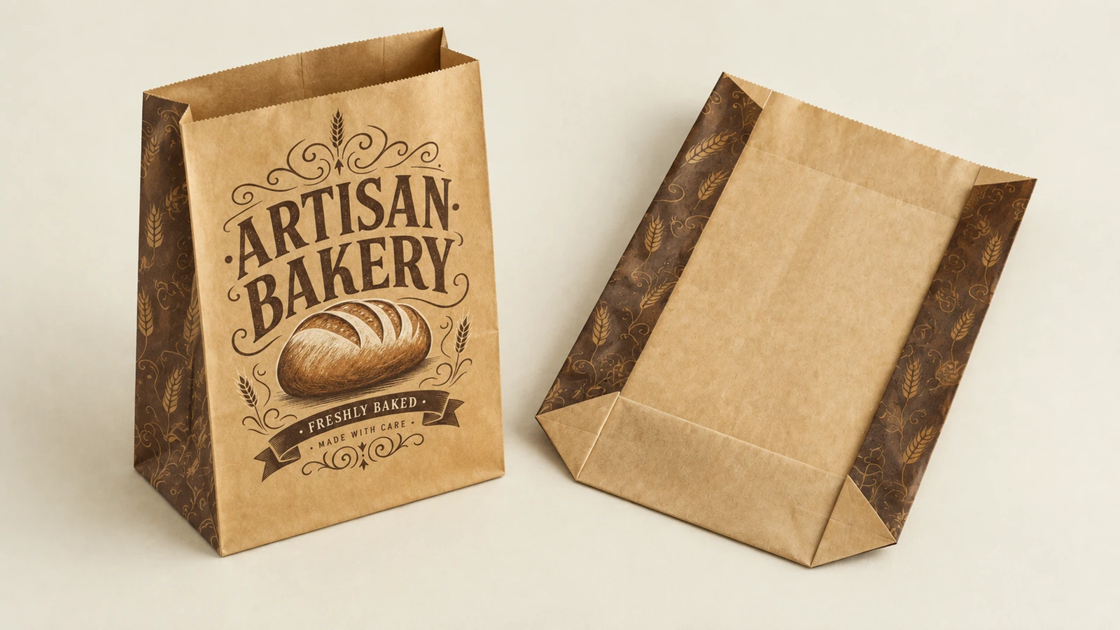 베이커리 종이봉투 앞면 및 뒷면 보기 측면에 패턴이 있는 갈색 ARTISAN BAKERY 종이봉투의 앞면과 뒷면