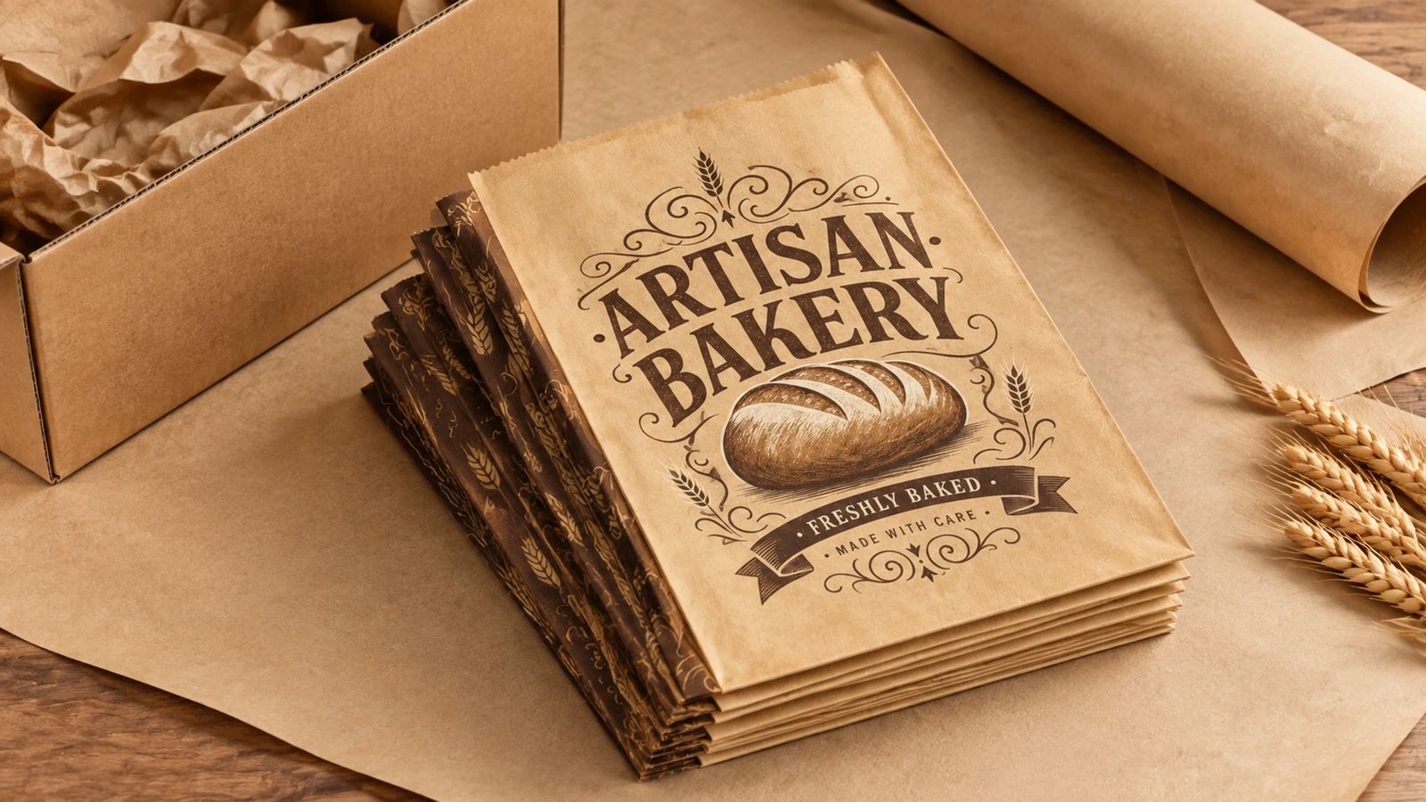납작한 베이커리 봉투 및 포장재 판지 상자, 포장지 및 밀 옆에 쌓여 있는 납작한 ARTISAN BAKERY 봉투 더미