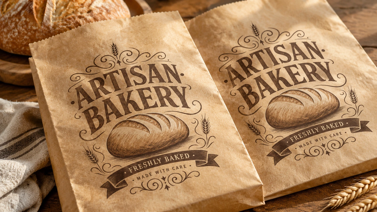 빵 옆의 베이커리 봉투 빵과 밀 옆에 놓인 갈색 ARTISAN BAKERY 봉투 두 개