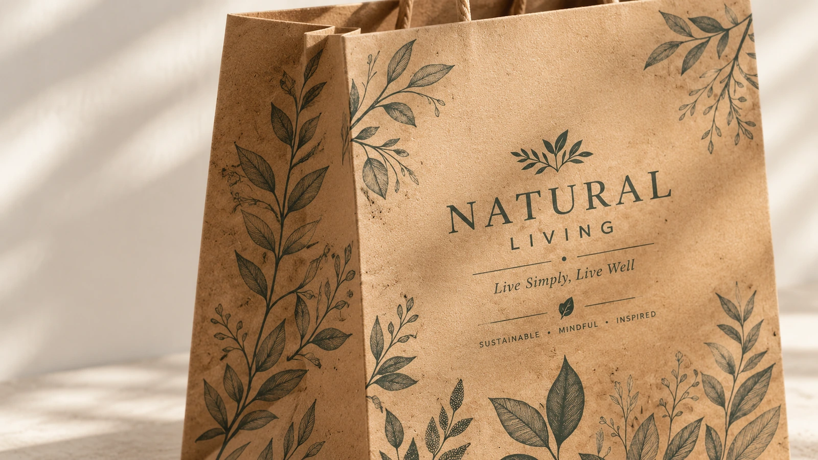 잎 무늬 갈색 종이봉투 잎 무늬와 NATURAL LIVING 문구가 인쇄된 갈색 종이봉투 확대 사진