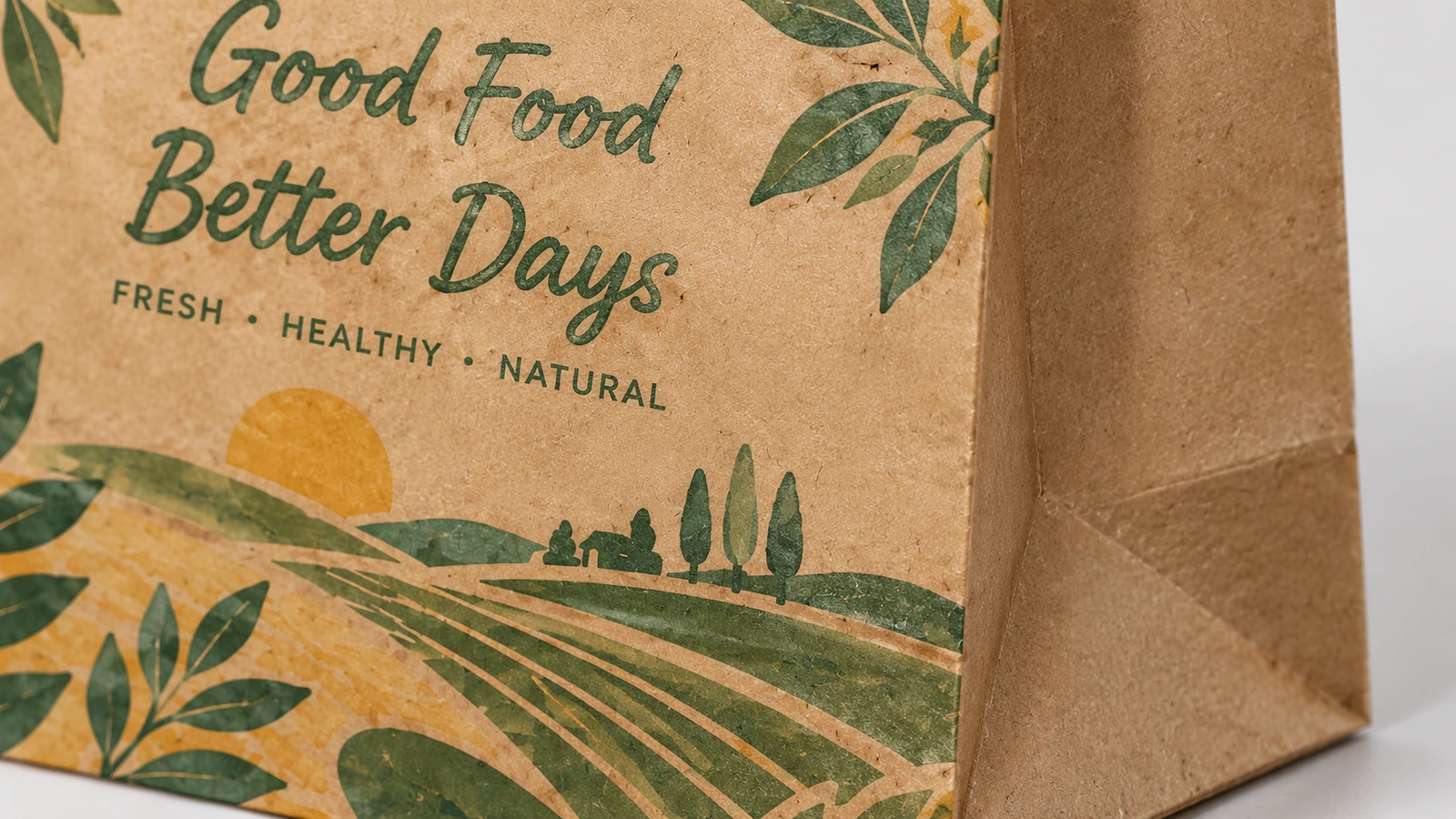 인쇄된 브라운 종이 표면 브라운 종이 위 Good Food Better Days 글자와 시골 풍경 그래픽을 클로즈업한 모습