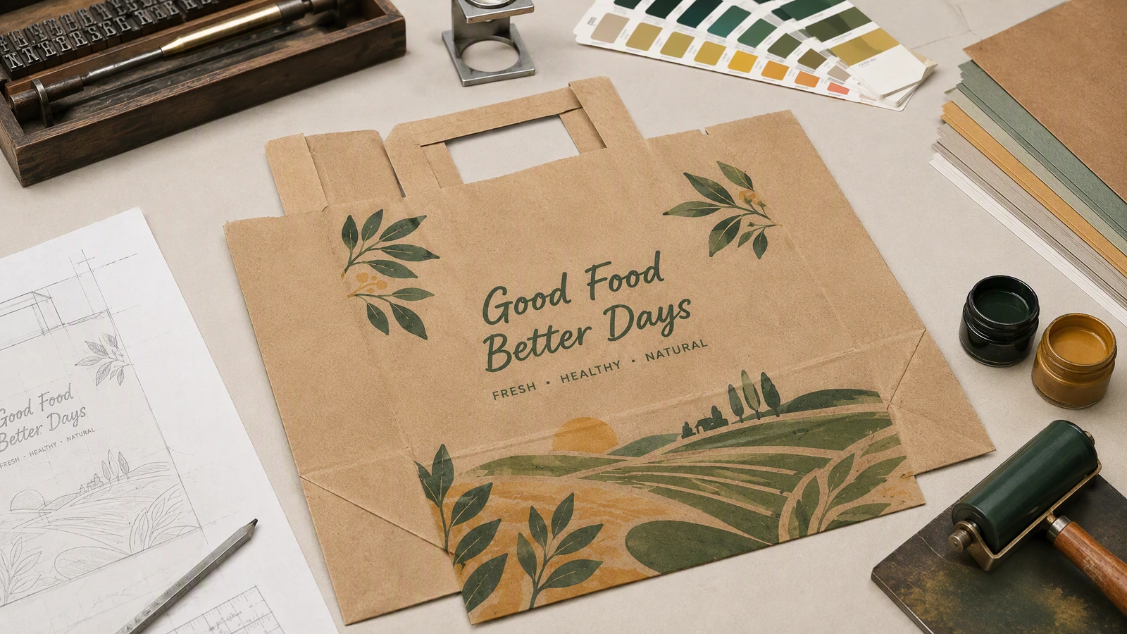 평평한 손잡이 봉투 아트워크 및 인쇄 자료 Good Food Better Days 아트워크가 적용된 펼친 상태의 브라운 종이 봉투, 도면, 잉크 및 색상 견본