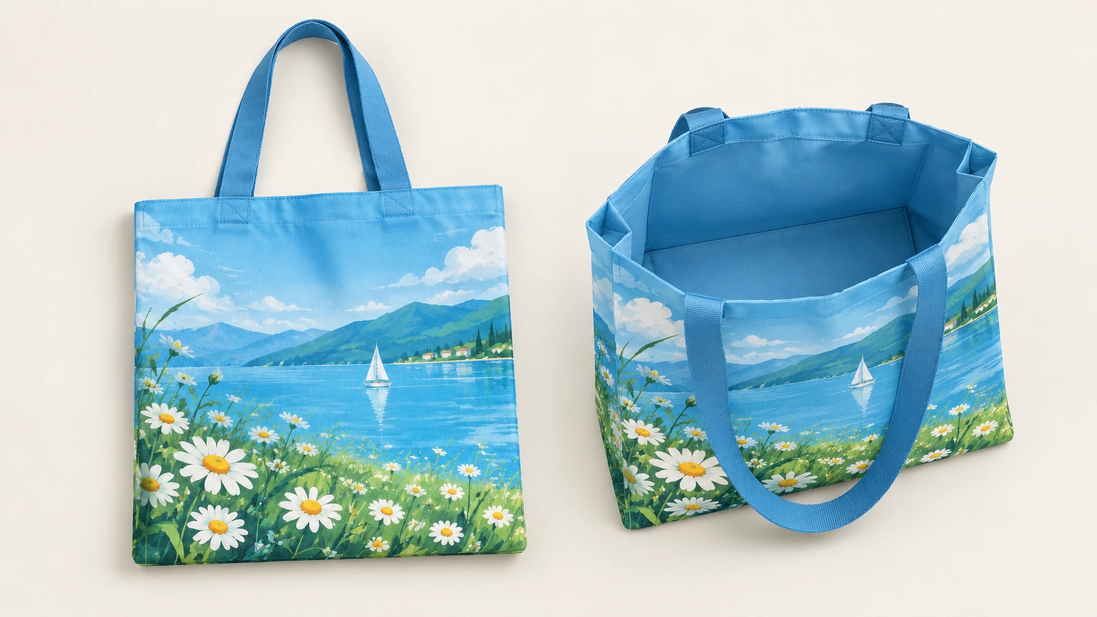 파란색 레이크 앤 데이지 인쇄 토트백의 앞면과 윗부분이 열린 모습