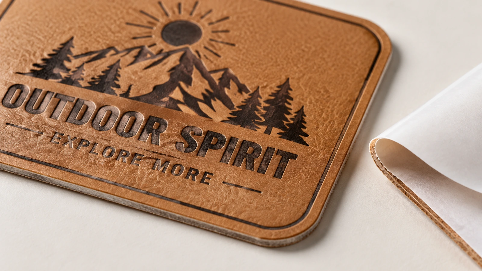 Outdoor Spirit 산 로고가 있는 질감 있는 브라운 PU 가죽 라벨 클로즈업