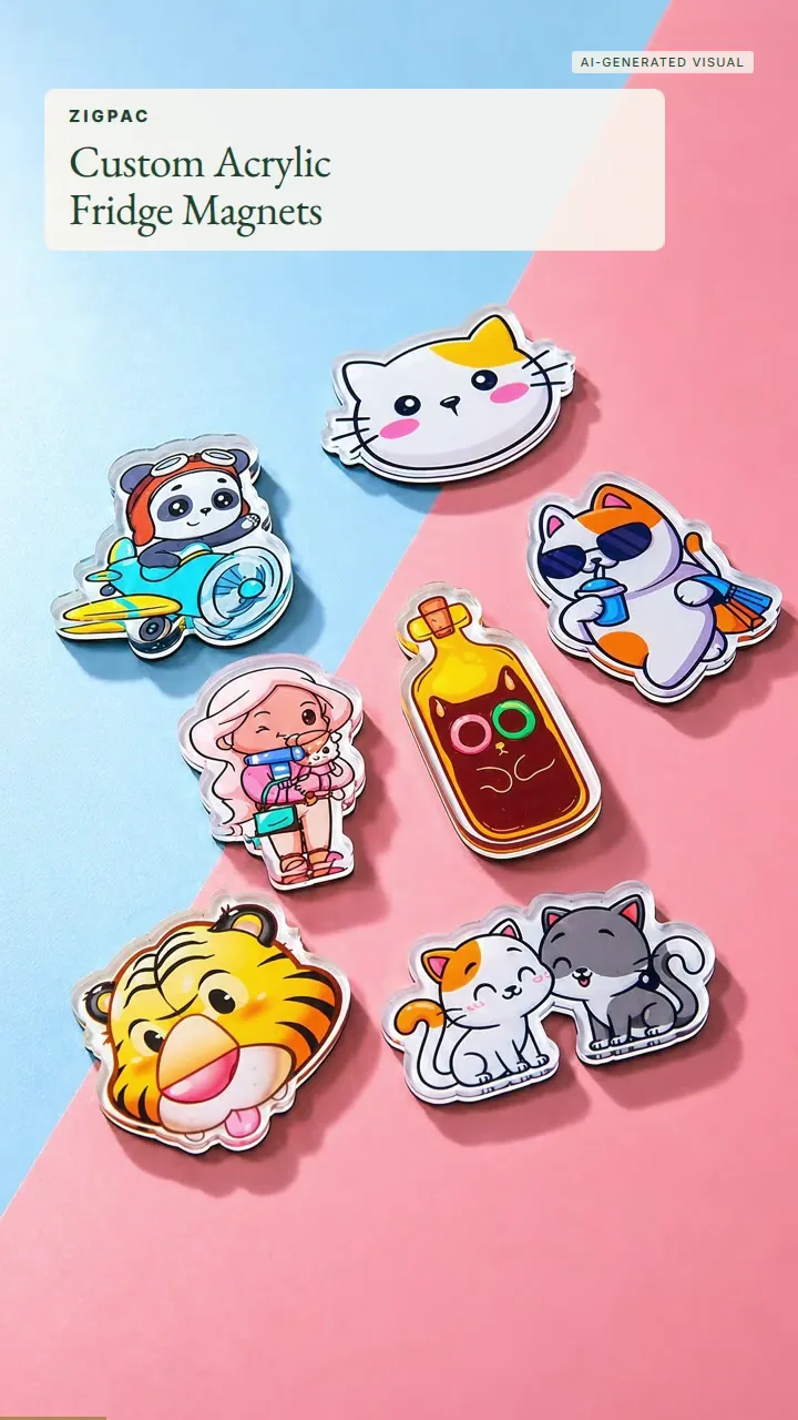 UV 인쇄 아트워크와 레이저 커팅 형태를 적용한 맞춤형 아크릴 냉장고 자석: 짧은 영상